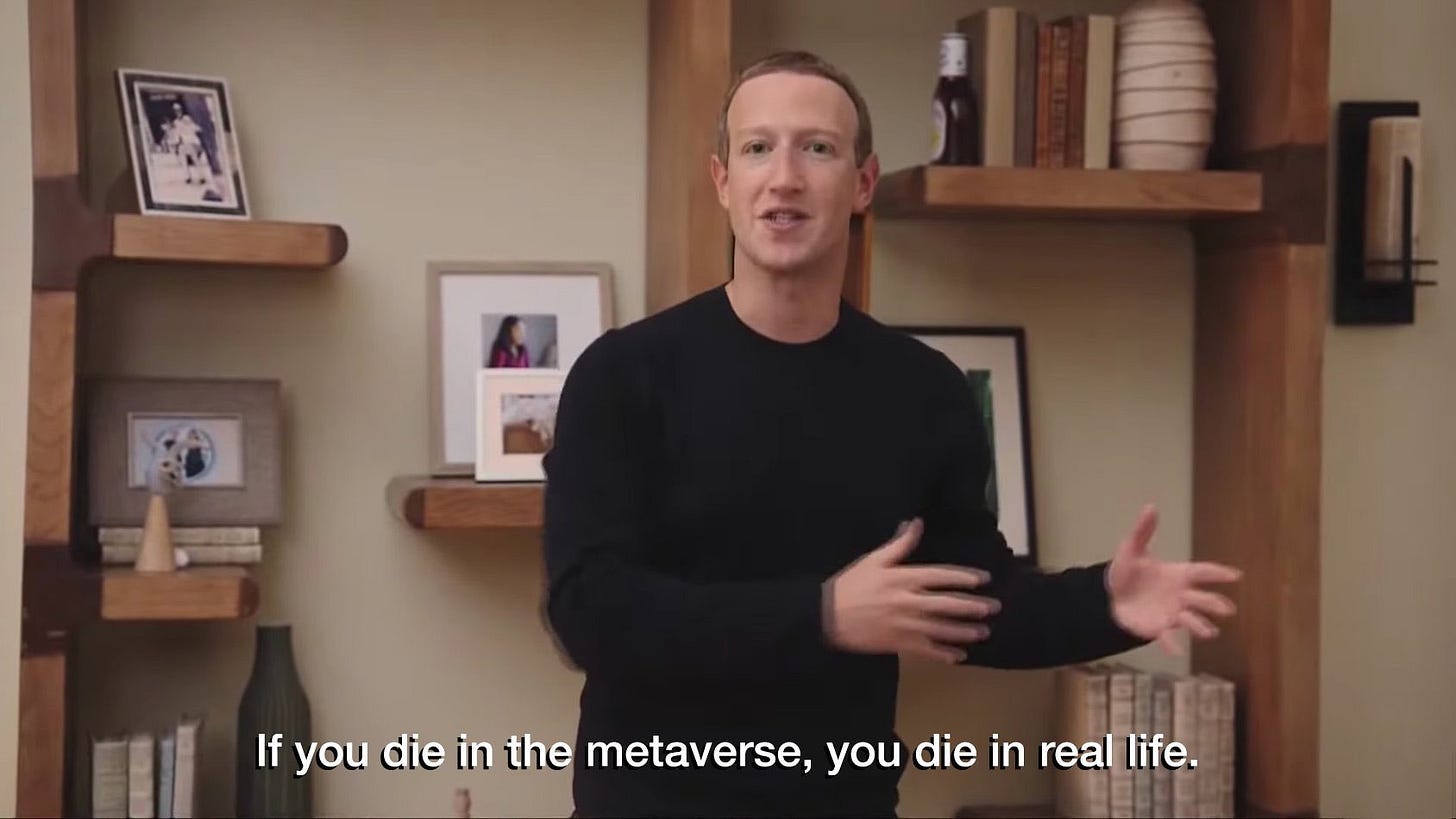 foto do Zuckeberg diante de uma estante de livros, vestido todo de preto, com a legenda: "if you die in metaverse, you die in real life"