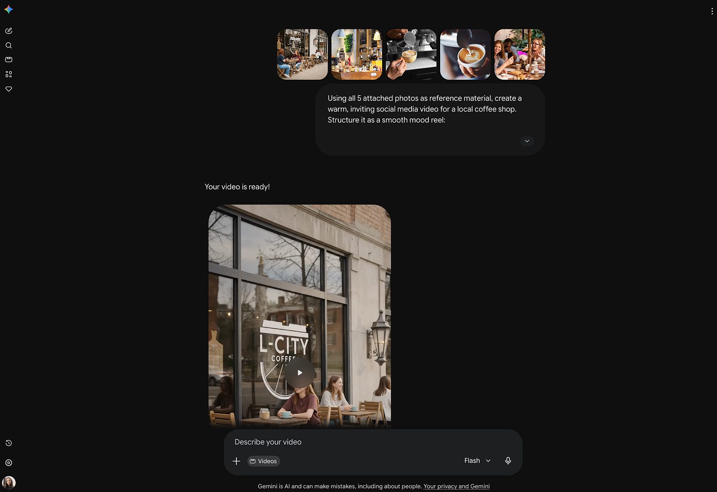 Screenshot of Gemini Omni displaying a generated social media video for a local coffee shop created from five reference images and a detailed cinematic prompt. The video preview shows the exterior of a café with people sitting at outdoor tables, while the prompt describes a warm mood-reel style commercial with latte art close-ups, cozy interiors, and natural social moments.
