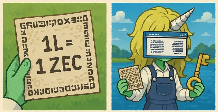Third square (bottom-left): a close-up of a paper note written: "1L = 1 ZEC". The paper has cryptic drawings around the message, suggesting its an encrypted message, but here we can see what it says  Fourth square (bottom-right): the girl is standing by the lake, holding a fully encrypted note (can't read, only see cryptic drawings) in one hand and a golden key in the other hand.