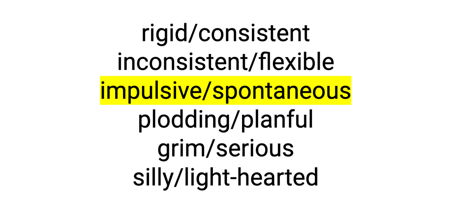 a list of pairs of words: rigid and consistent, inconsistent and flexible, impulsive and spontaneous, plodding and planful, grim and serious, silly and light-hearted