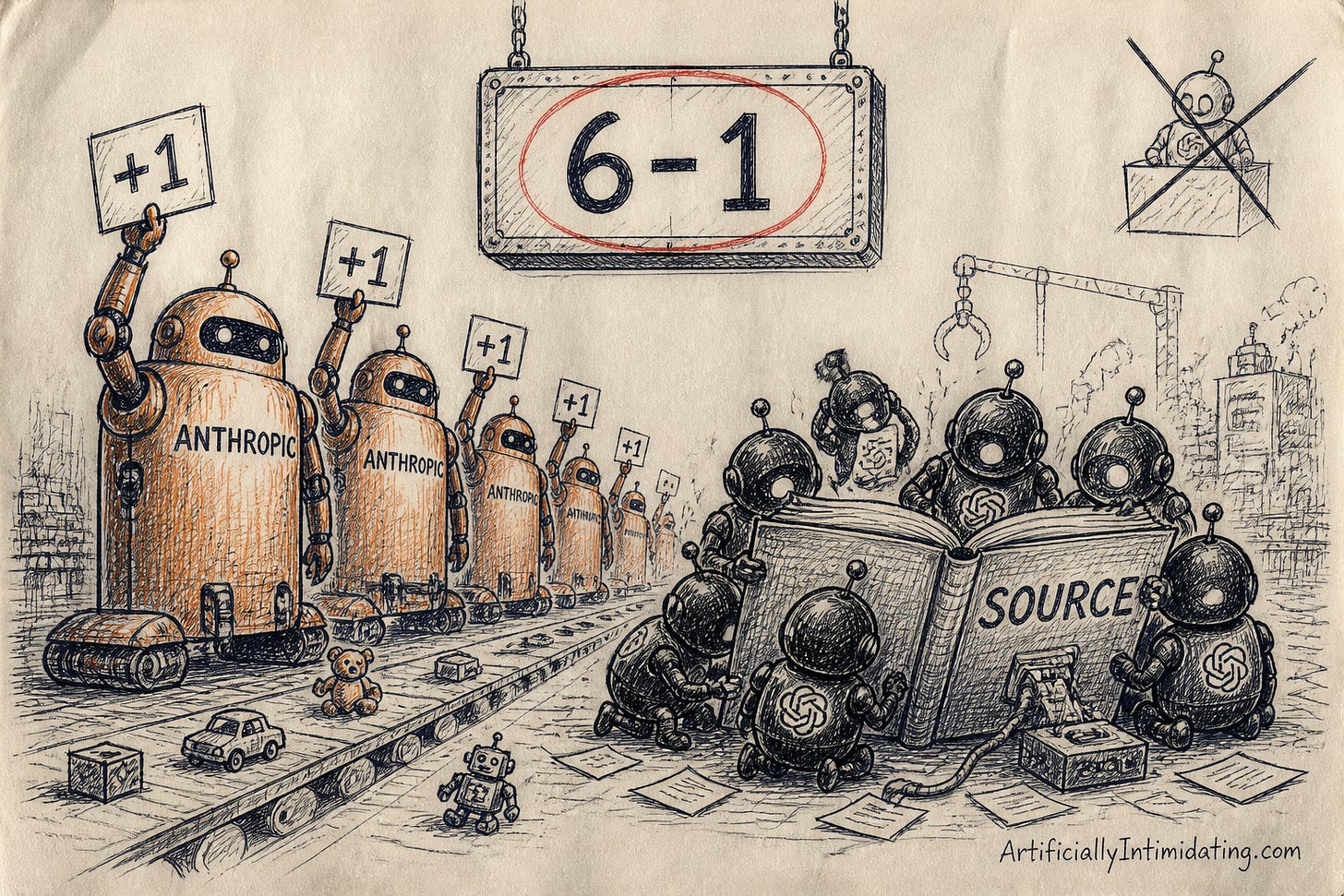 A scoreboard reading 6-1 hangs over a toy factory battlefield: a line of tall rust-orange ANTHROPIC bots holding +1 signs on the left, and a huddle of short black round bots with an OpenAI emblem reading one huge book labeled SOURCE on the right. A scoreboard reading 6-1 hangs over a toy factory battlefield: a line of tall rust-orange ANTHROPIC bots holding +1 signs on the left, and a huddle of short black round bots with an OpenAI emblem reading one huge book labeled SOURCE on the right.