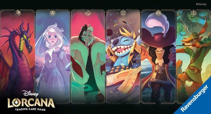 Promo shot of Disney's Lorcana, the Trading Card Game published by Ravensburger. Features art of various Disney heroes and villains.