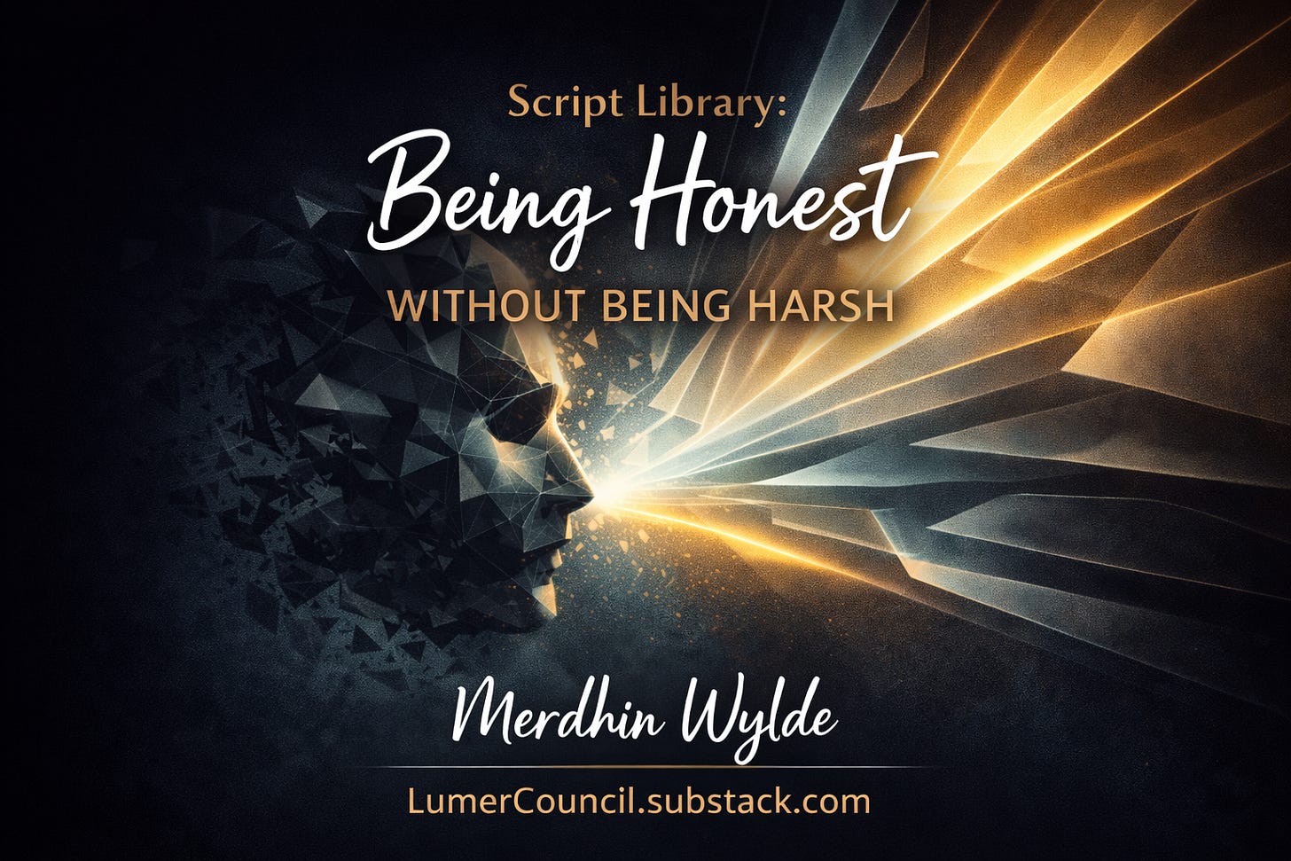 Abstract cover image showing a fragmented geometric face dissolving into bright beams of gold, white, and blue light, symbolizing honest expression breaking through restraint. The title reads “Script Library: Being Honest Without Being Harsh,” with the author name “Merdhin Wylde” and the website “LumerCouncil.substack.com” displayed at the bottom against a dark, dramatic background.