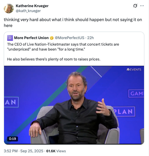 Tweet by Katherine Kreuger about the Ticket Master CEO.