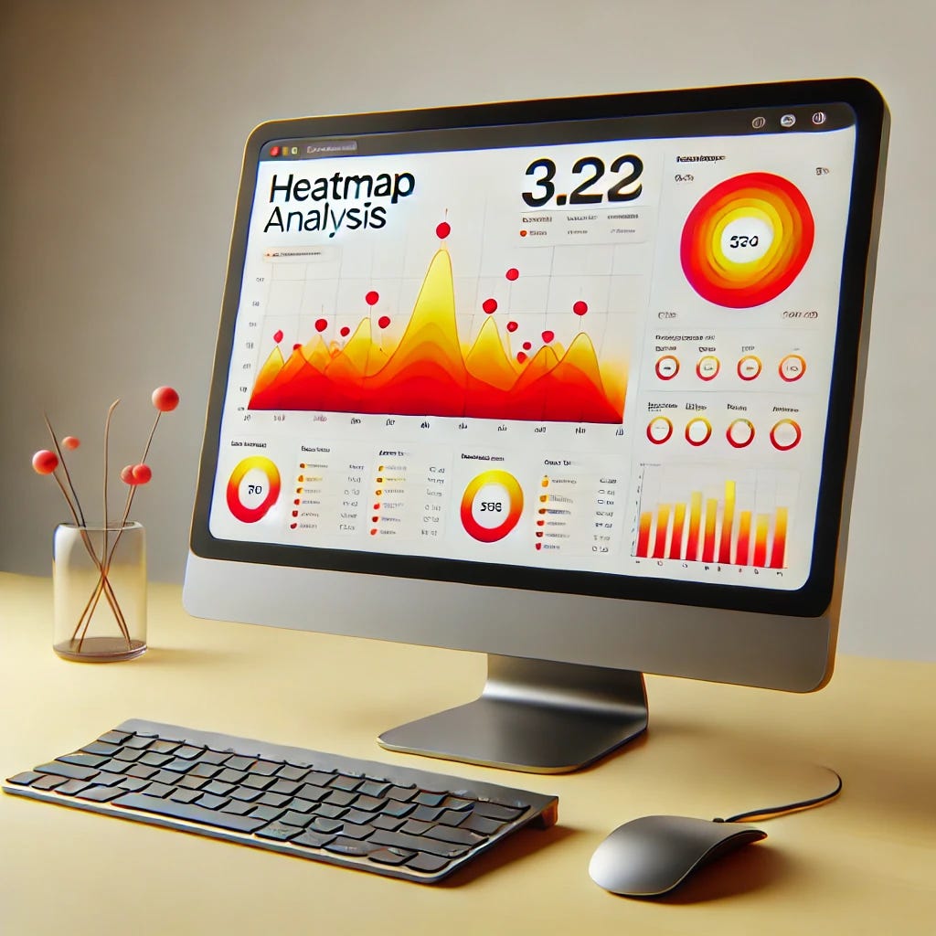 A modern and clean illustration of a desktop PC with a heatmap analysis displayed on its screen. The heatmap shows vibrant red, orange, and yellow areas over a web page design, indicating user interaction. The setup includes a keyboard, mouse, and a minimal desk setting. The background is simple and neutral, emphasizing the heatmap and analytics theme.