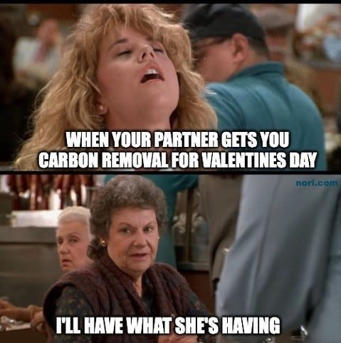 Two When Harry Met Sally stills. Meg Ryan in the diner: "When your partner gets you carbon removal for Valentine's Day." An older woman: "I'll have what she's having."