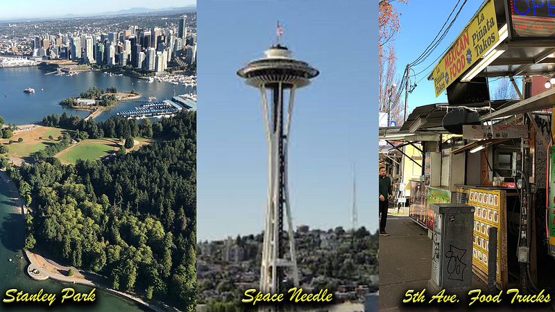 A picture of Stanley Park in Vancouver, the Space Needle in Seattle, and the 5th Avenue Food Carts in Portland