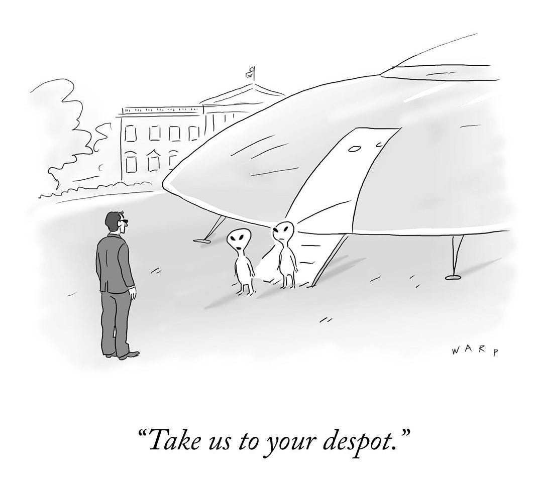 May be an illustration of text that says 'WARP "Take us to your despot."'