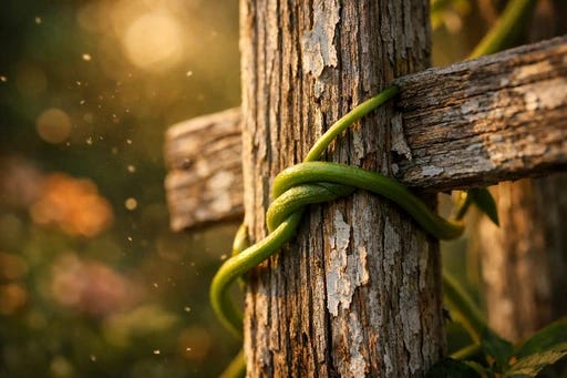A climbing vine wrapped around a wooden trellis in a garden, illustrating how structure shapes growth A climbing vine wrapped around a wooden trellis in a garden, illustrating how structure shapes growth