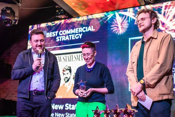 Chris Stone, Suze Cooper and Rob Le Mare collect the award for Best Commercial Strategy at the Publisher Podcast Awards 2025