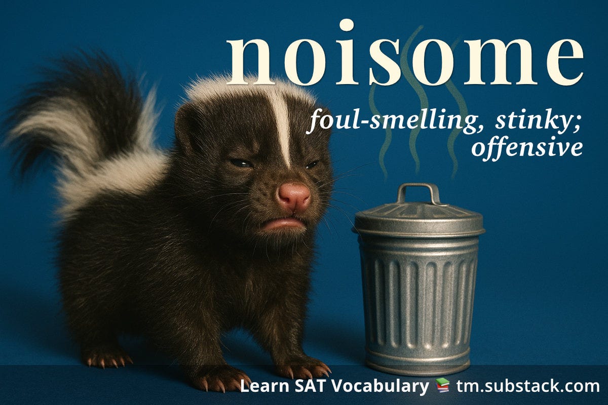 Illustration of a cute baby skunk with a disgusted expression near a smelly trash can; used to illustrate the SAT word 'noisome'.