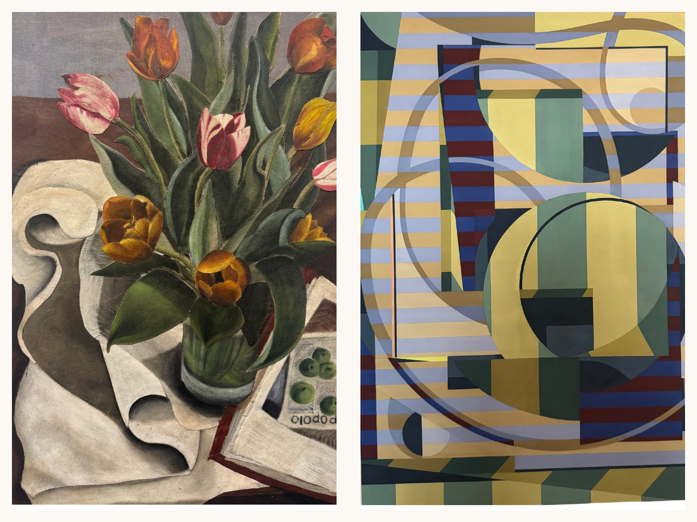 Alessandro Teoldi, Tulipani e Casorati (2025), a figurative painting with a stylized still life of tulips and a composed interior mood. Gianna Commito, Hessler (2025), an abstract painting with layered color fields and gestural marks.