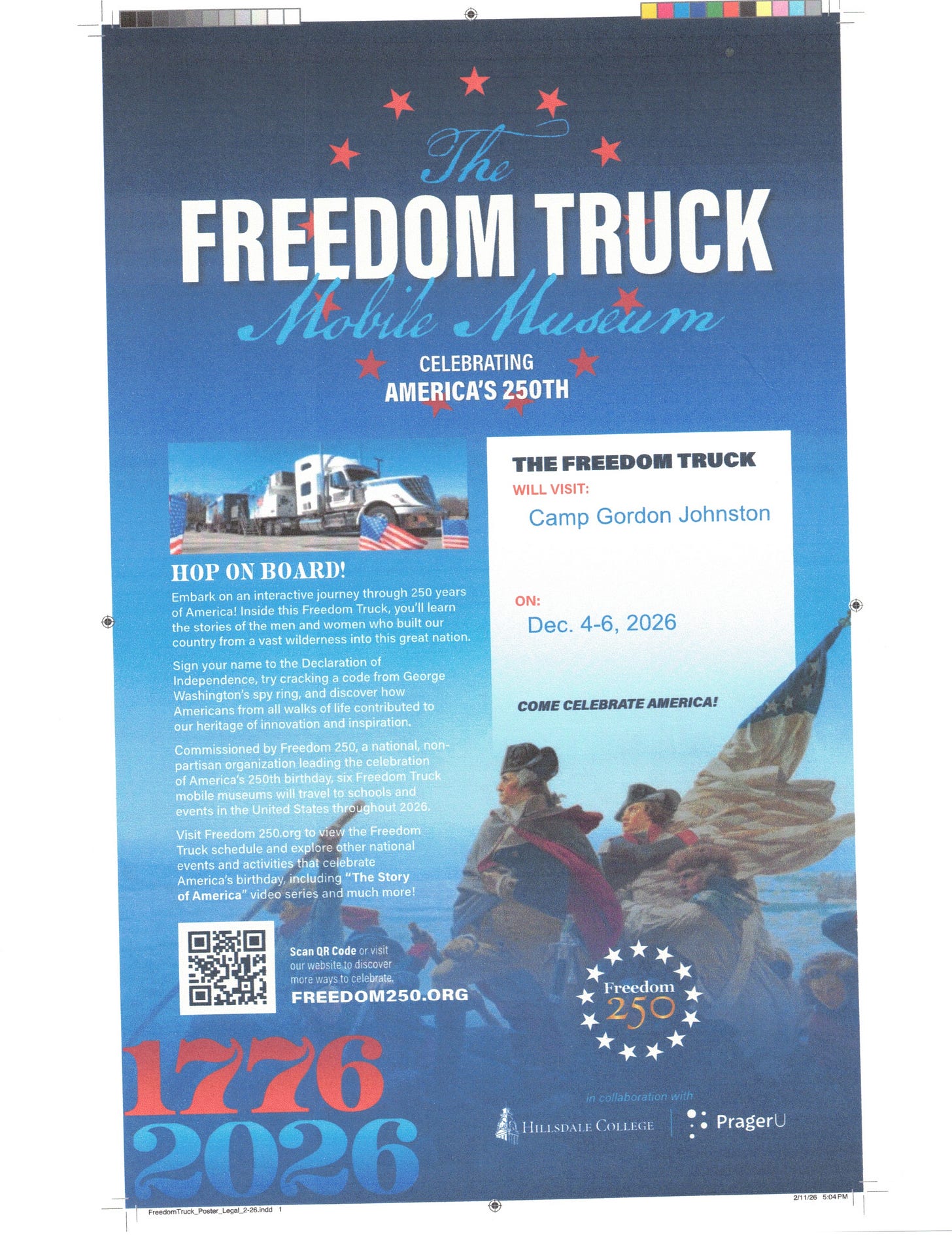 Poster for “The Freedom Truck” mobile museum celebrating America’s 250th, visiting Camp Gordon Johnston Dec. 4–6, 2026. Poster for “The Freedom Truck” mobile museum celebrating America’s 250th, visiting Camp Gordon Johnston Dec. 4–6, 2026.