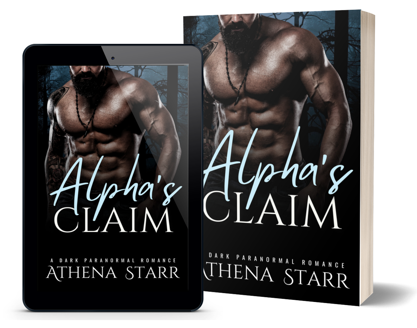 Alpha’s Claim dark romance banner featuring a blood-splattered, shirtless alpha male with tattoos standing in a shadowy forest. A supernatural enemies-to-lovers story with Lycans and witches.
