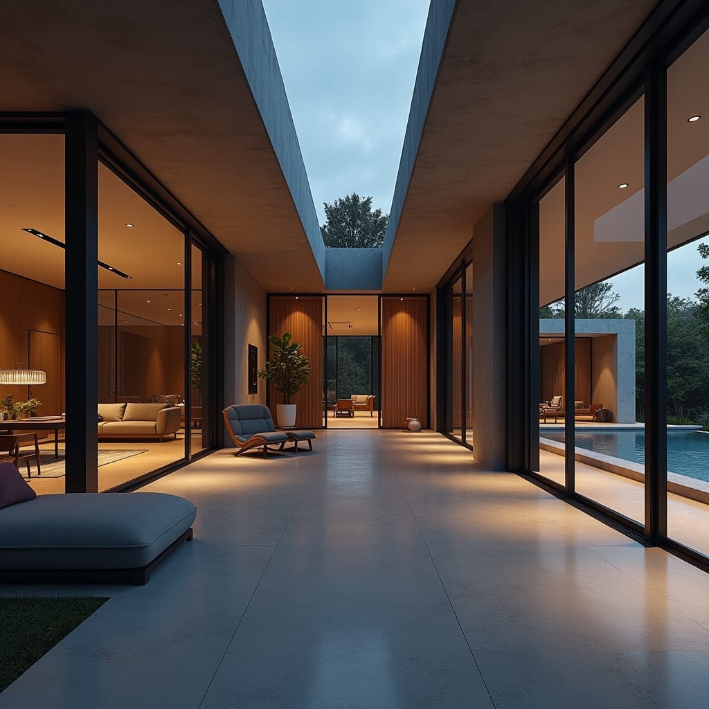 Rendered image of a Flexidential modern property, showcasing a sleek, contemporary design with clean lines and open-concept spaces. The property features adaptable interiors with multi-purpose rooms that easily transform to suit various needs—such as a living area that can double as a home office or guest space. Large floor-to-ceiling windows allow natural light to flow through, creating a bright and inviting atmosphere that emphasizes flexibility and functionality. The exterior combines minimalist architecture with sustainable materials, blending seamlessly into its surroundings. This Flexidential home embodies a forward-thinking approach to modern living, where each space is designed to evolve with its occupants.