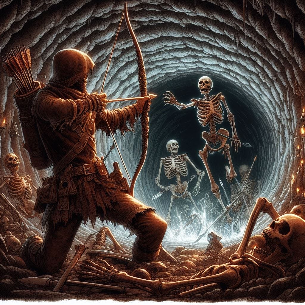 skeletons popping out of the ground, human adventurers holding bows, underground tunnels, dungeons and dragons cover drawing