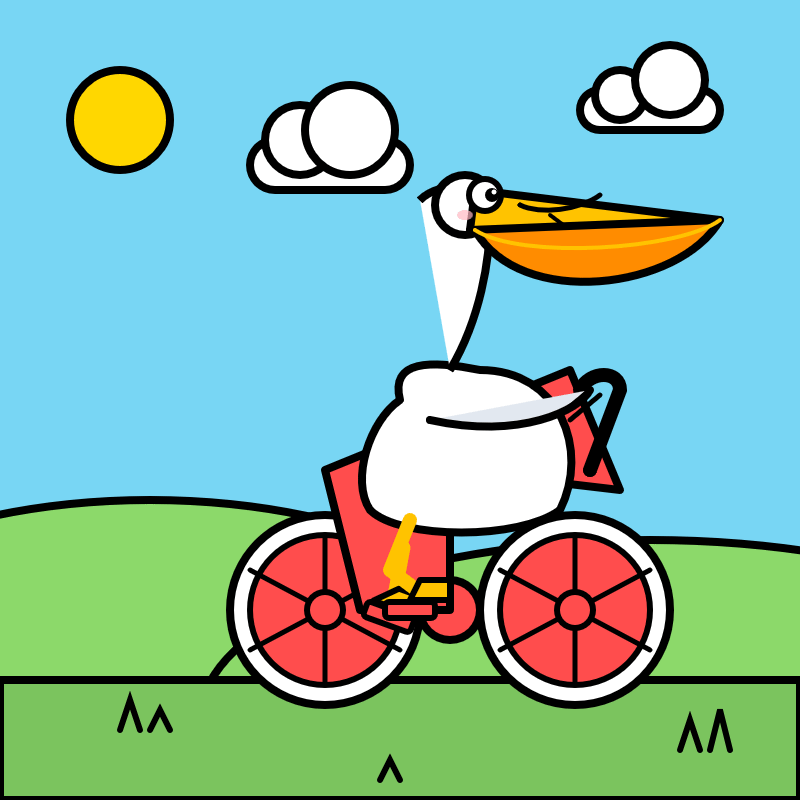 Cartoon illustration of a white pelican (albeit slightly mangled) with a large orange beak riding a red bicycle across green hills. The scene has a blue sky with a yellow sun and three white clouds, and small grass tufts dot the foreground. Cartoon illustration of a white pelican (albeit slightly mangled) with a large orange beak riding a red bicycle across green hills. The scene has a blue sky with a yellow sun and three white clouds, and small grass tufts dot the foreground.