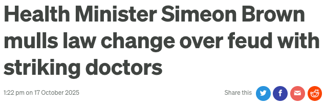 Headline: "Health Minister Simeon Brown mulls law change over feud with striking doctors."