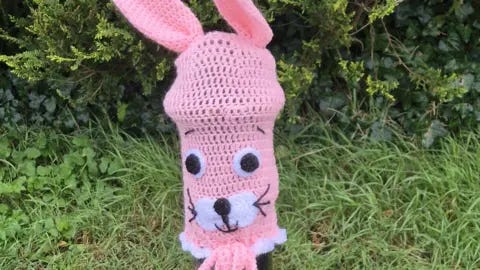 Carnon Downs Crafters A crocheted pink bollard cover in the shape of a bunny face. It has two eyes, a nose and whiskers. Pink crocheted ears are on top of the bollard. Bushes are behind the bollard. Carnon Downs Crafters A crocheted pink bollard cover in the shape of a bunny face. It has two eyes, a nose and whiskers. Pink crocheted ears are on top of the bollard. Bushes are behind the bollard.