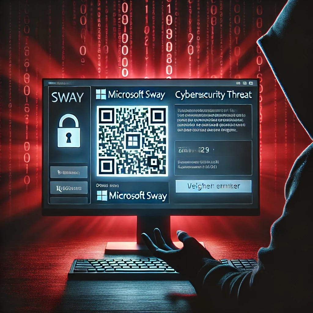 A cinematic style featured image illustrating the concept of a cybersecurity threat. The image should feature a computer screen displaying a Microsoft Sway page with QR codes that seem ominous or threatening. The background should have a dark, moody atmosphere with a subtle red glow, symbolizing danger. In the foreground, a shadowy figure's hand is reaching towards the screen, highlighting the sinister intent. The overall style should be sleek, modern, and visually striking, evoking the seriousness of cyber threats.