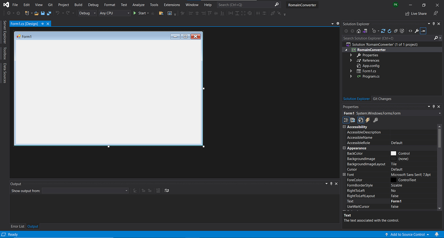 Main view of Visual Studio