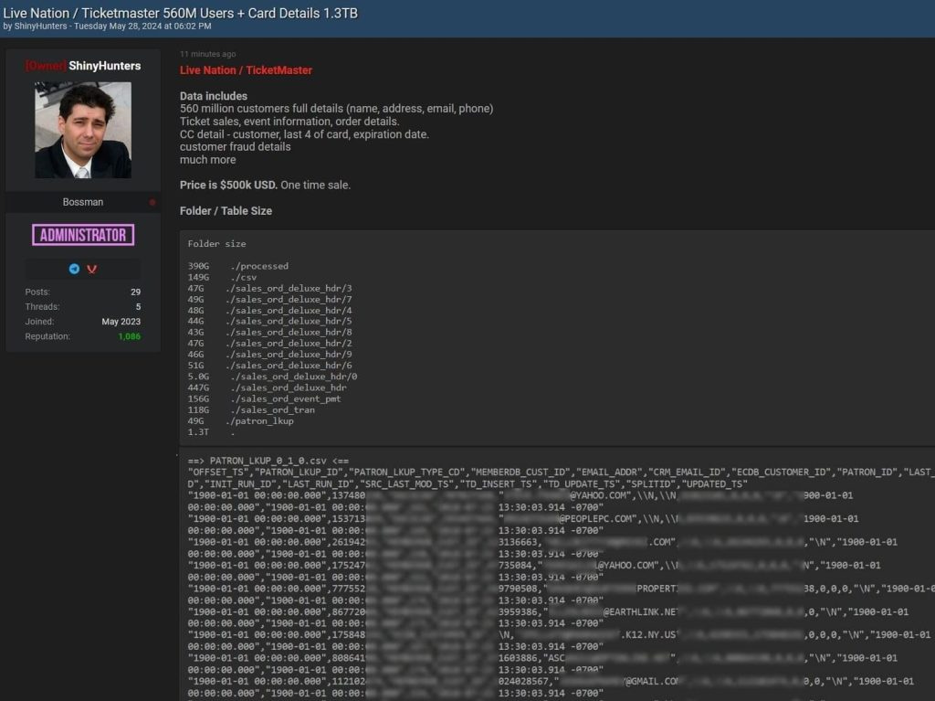 Hackers Claim Ticketmaster Breach: 560M Users' Data for Sale at $500K