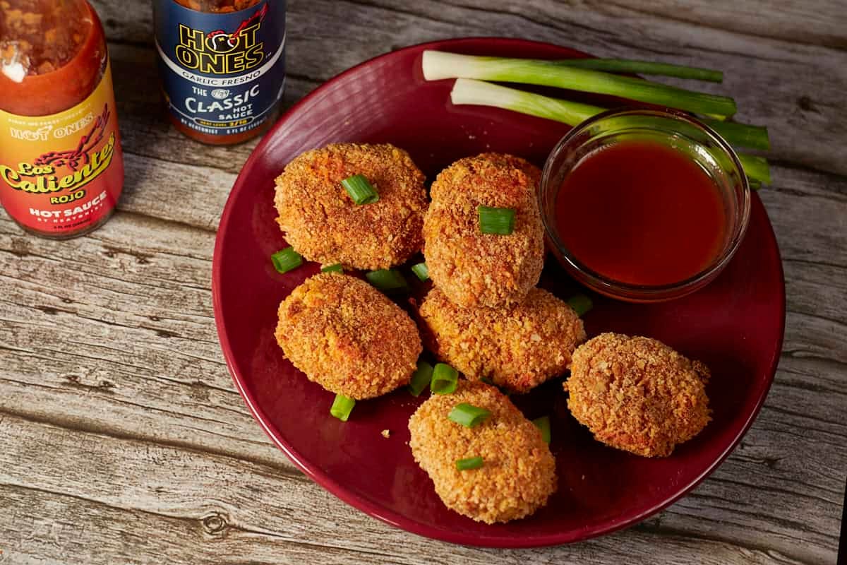 spicy vegan chickpea nuggets with hot ones got sauce