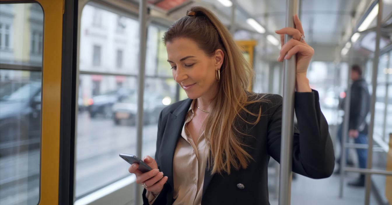 Newsletter creator checking her phone while riding public transit, representing the freedom and flexibility of running a profitable newsletter business from anywhere with a small, engaged audience