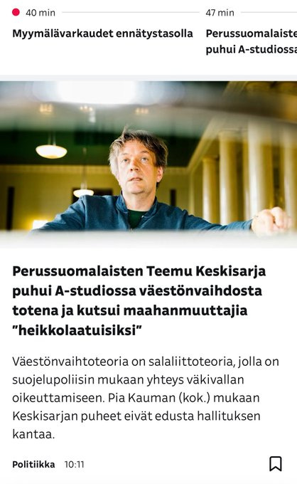 Teemu Keskisarja, kuten moni muukin, on tahtomattaan antanut punavihreille aseet leimata islamin kritiikin, integraatiohaluttomuuden ja islamisaation arvostelun ”rasismiksi”. Kun puhutaan ”maahanmuuttajista”, erityisesti negatiivisessa konnotaatiossa, tarkoitetaan lähes aina muslimeita, mutta sitä ei mainita, koska pelätään islaminuskon terrorismia. Teemu Keskisarja, kuten moni muukin, on tahtomattaan antanut punavihreille aseet leimata islamin kritiikin, integraatiohaluttomuuden ja islamisaation arvostelun ”rasismiksi”. Kun puhutaan ”maahanmuuttajista”, erityisesti negatiivisessa konnotaatiossa, tarkoitetaan lähes aina muslimeita, mutta sitä ei mainita, koska pelätään islaminuskon terrorismia.