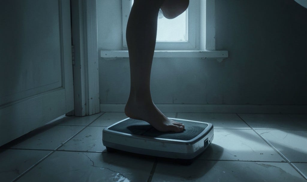 A quiet, cinematic, photorealistic illustration. A dim bathroom in the early morning half-dark, pale blue-grey light coming through a small window or under a door. A bathroom scale sits on tile flooring, slightly worn, ordinary, nothing staged about it. A single bare foot is just stepping onto it, caught mid-motion, the rest of the figure cropped out of frame or left in soft shadow, no face, no full body, just the moment of weight settling onto the scale. Style: muted film-still realism, painterly, NOT cartoon, NOT flat vector illustration, NOT clip-art, no bright saturated colors. Mood: quiet tension, early morning stillness, a small private moment of reckoning. Leave calm negative space in the upper portion of the frame for text. A quiet, cinematic, photorealistic illustration. A dim bathroom in the early morning half-dark, pale blue-grey light coming through a small window or under a door. A bathroom scale sits on tile flooring, slightly worn, ordinary, nothing staged about it. A single bare foot is just stepping onto it, caught mid-motion, the rest of the figure cropped out of frame or left in soft shadow, no face, no full body, just the moment of weight settling onto the scale. Style: muted film-still realism, painterly, NOT cartoon, NOT flat vector illustration, NOT clip-art, no bright saturated colors. Mood: quiet tension, early morning stillness, a small private moment of reckoning. Leave calm negative space in the upper portion of the frame for text.