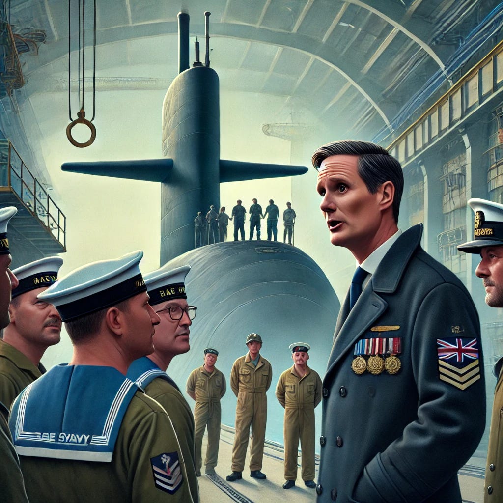 A symbolic political illustration of UK Prime Minister Keir Starmer visiting a nuclear submarine. The scene shows Starmer in a navy coat speaking to Royal Navy submariners on board the Vanguard-class submarine HMS Agamemnon. The background includes the BAE Systems submarine facility in Barrow-in-Furness, with workers and apprentices present. The mood is serious and focused, with the submarine emerging from sea patrol, military insignias visible, and subtle UK flags. This visit symbolizes nuclear deterrence and Britain's strategic military role.