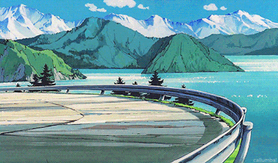 This may contain: a painting of a scenic road with mountains in the background and blue water on either side