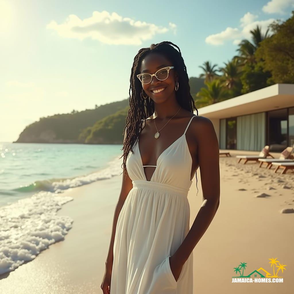 A professional black woman with dreadlocks and glasses, dressed in a flowing white maxi dress, stands confidently on the pristine Jamaican beach, with the stunning modern property's sleek lines and minimalist architecture serving as a breathtaking backdrop. The warm Caribbean sunlight casts a golden glow on her beautiful features, accentuating her bright smile. 