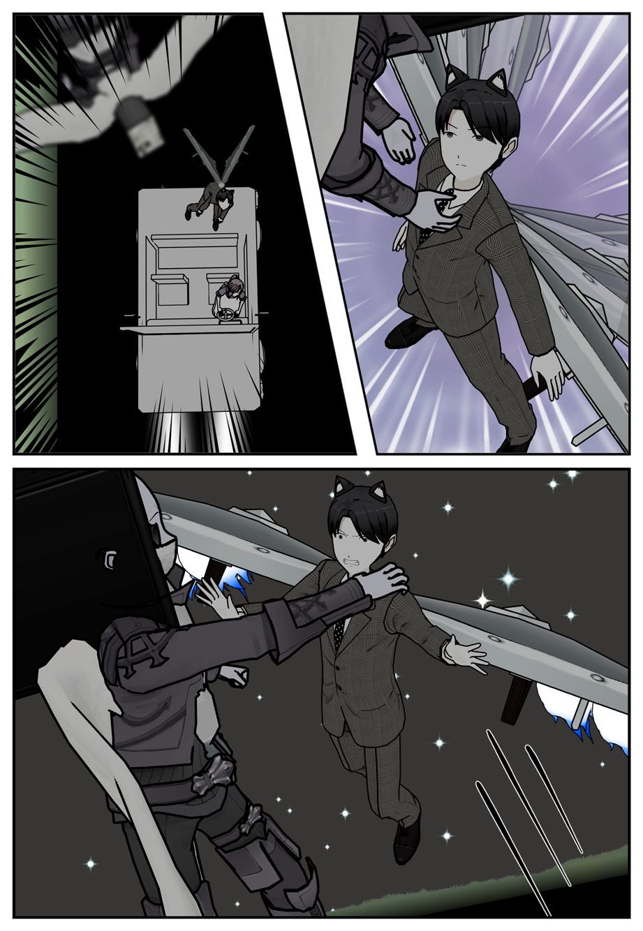 The flying robot dives down to attack again, but this time Ace meets the enemy with his own wings.