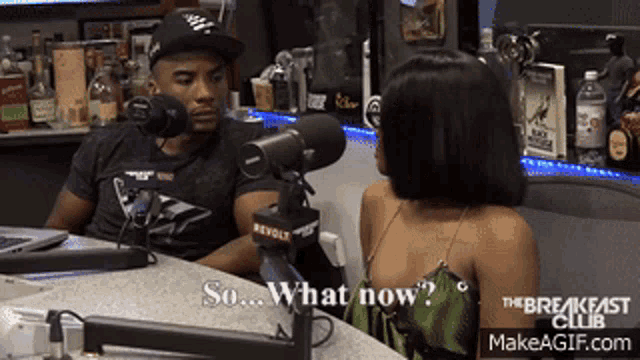 Azealia Banks saying "So...What now?" on the Breakfast Club radio show. She turns her head and her bob follows her head movement as she does it.