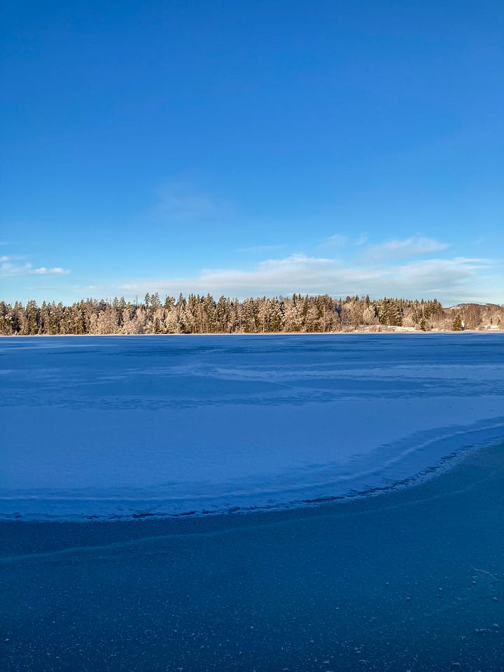 two views across a lake which is beginning to freeze