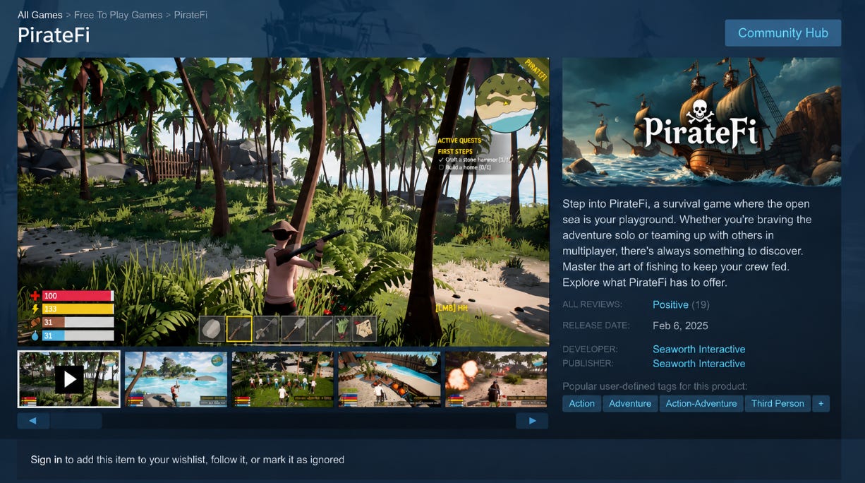 PirateFi survival game screenshot showing tropical island environment with vegetation and water PirateFi survival game screenshot showing tropical island environment with vegetation and water
