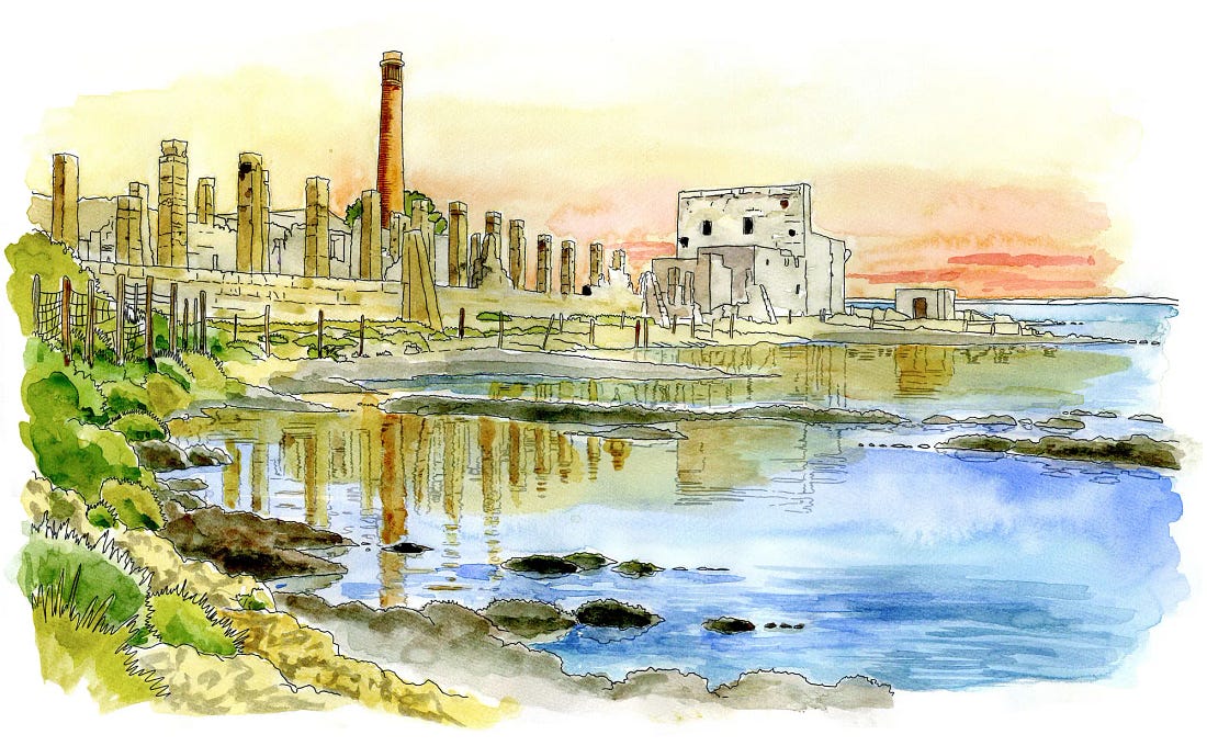 Black liner pen and watercolor illustration of the ruins of a tonnara, a historic tuna fishery, at Vendicari Nature Reserve, Sicily. Black liner pen and watercolor illustration of the ruins of a tonnara, a historic tuna fishery, at Vendicari Nature Reserve, Sicily.