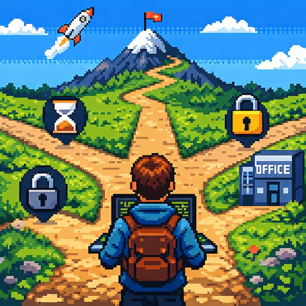 Ilustración pixel art estilo retro de un desarrollador visto de espaldas, con mochila y ordenador, de pie ante una bifurcación con tres caminos. El camino central conduce a una montaña con una bandera en la cima; el camino izquierdo está asociado a un reloj de arena y símbolos de bloqueo; el camino derecho lleva a un edificio de oficinas con un candado. La escena representa una decisión importante entre acción, espera y renuncia.