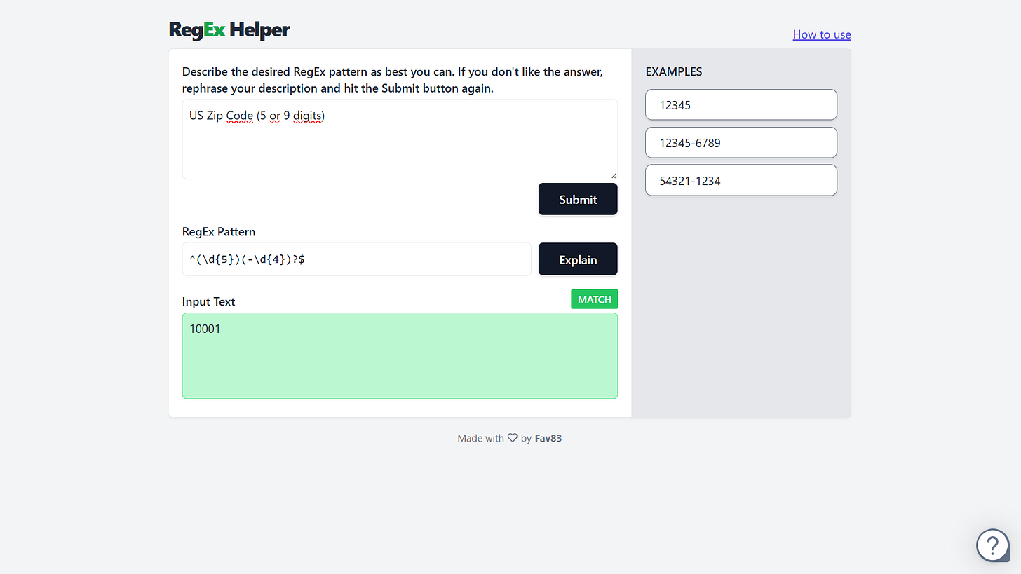 Snímek obrazovky s nástrojem RegEx Helper