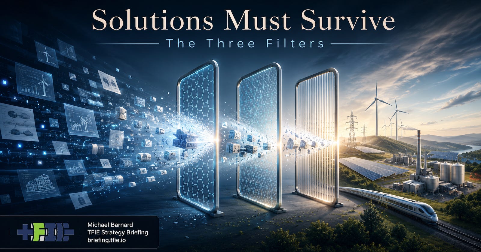 Hero graphic showing technology claims passing through three glowing filters before emerging as clean infrastructure, including wind, solar, transmission, rail, and industrial assets.