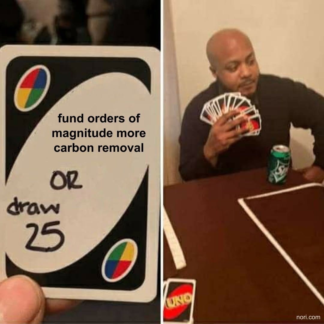 Uno card reading "fund orders of magnitude more carbon removal or draw 25", beside a man at a table holding an enormous fan of cards.