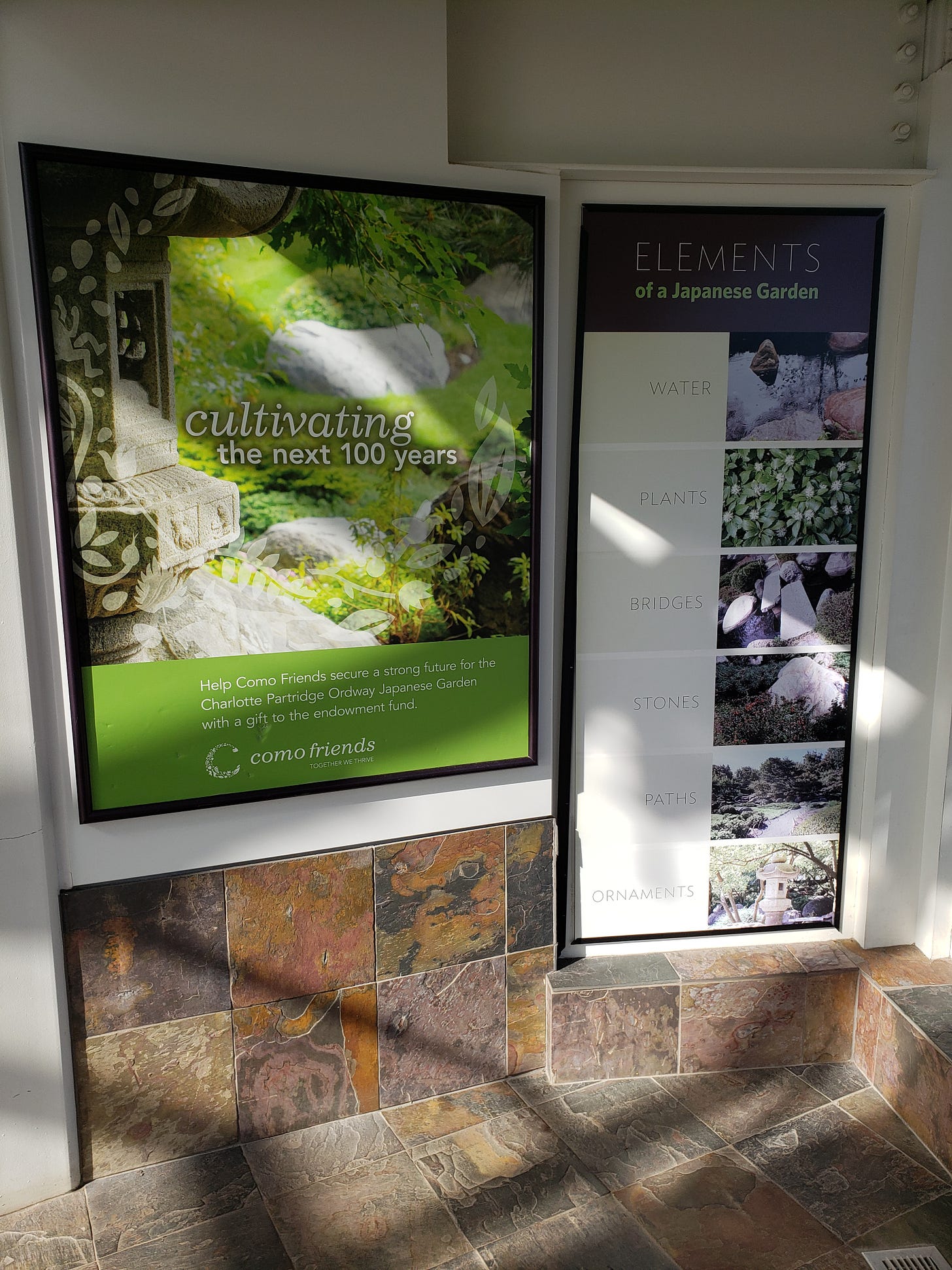 Signs from Como Friends alerting visitors they can make a donation to the endowment fund. Another sign showing the elements of a Japanese Garden. Signs from Como Friends alerting visitors they can make a donation to the endowment fund. Another sign showing the elements of a Japanese Garden.