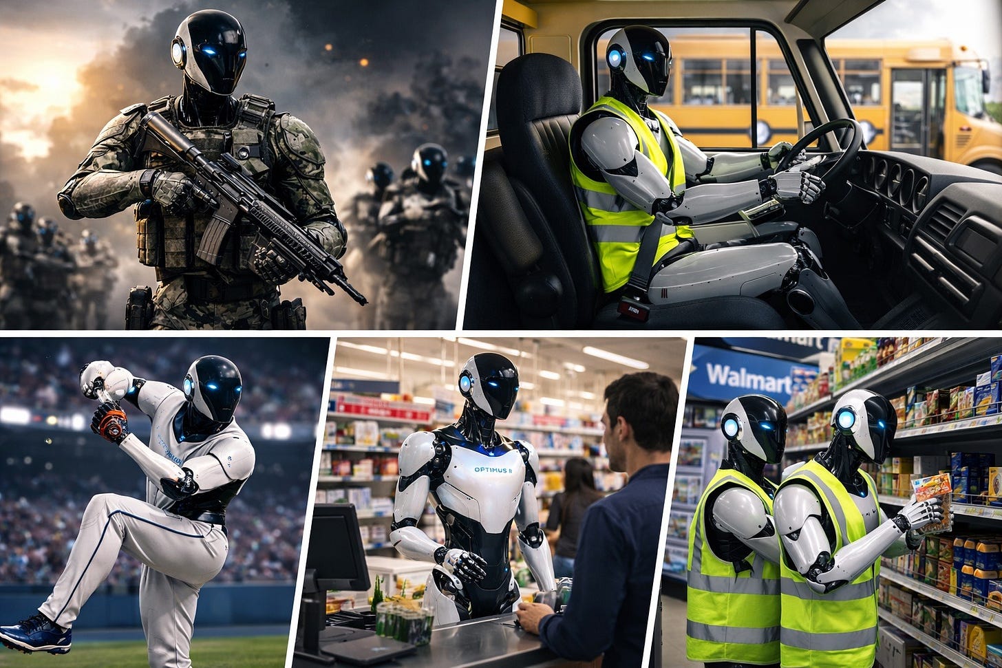 AI-generated image of a humanoid robot performing everyday workplace tasks.