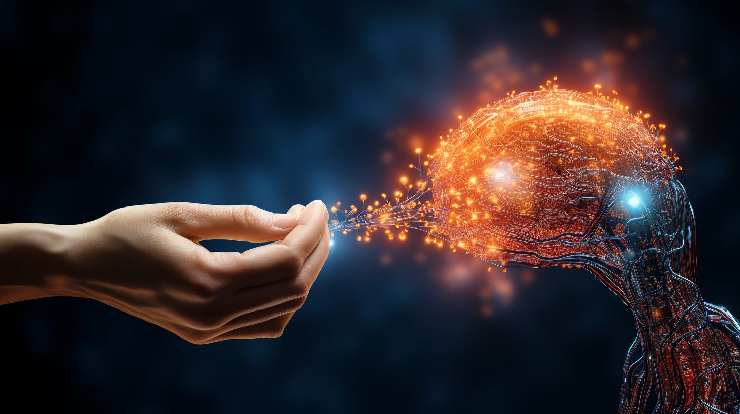 Midjourney Prompt: a realistic human hand guiding an artificial intelligence brain, colors of Burnt Orange and Air Superiority Blue --no airplanes --s 250 --ar 16:9 Midjourney Prompt: a realistic human hand guiding an artificial intelligence brain, colors of Burnt Orange and Air Superiority Blue --no airplanes --s 250 --ar 16:9