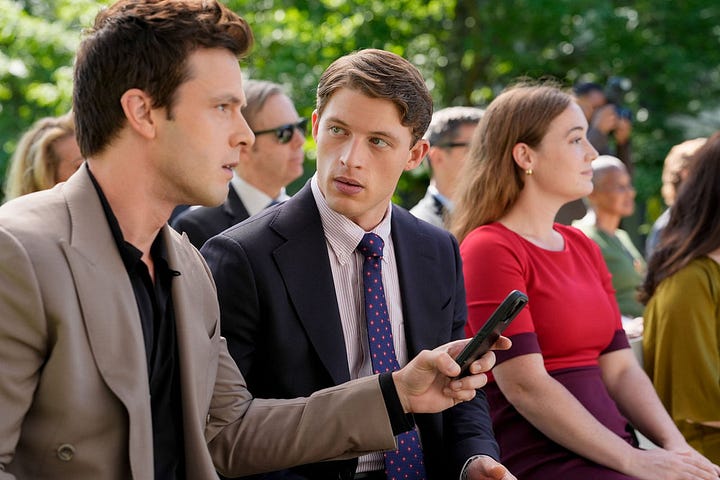 Mike, Jane, Former President Barnes, Micah, Russ, and Clare Hollingsworth in Line of Fire Episode 5 "Cul de Sac" at the presidential library ceremony and Mike giving a speech about his heroics in saving President Barnes in an assassination attempt but Micah and Russ know who the real killer is