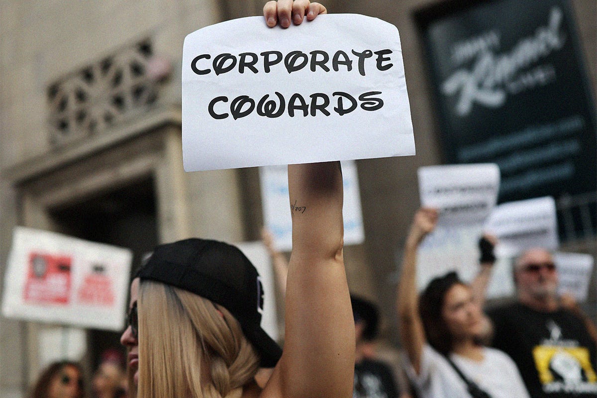 Demonstrators protest the suspension of the "Jimmy Kimmel Live!" show outside the El Capitan Entertainment Centre where the show is performed in Hollywood on September 18, 2025