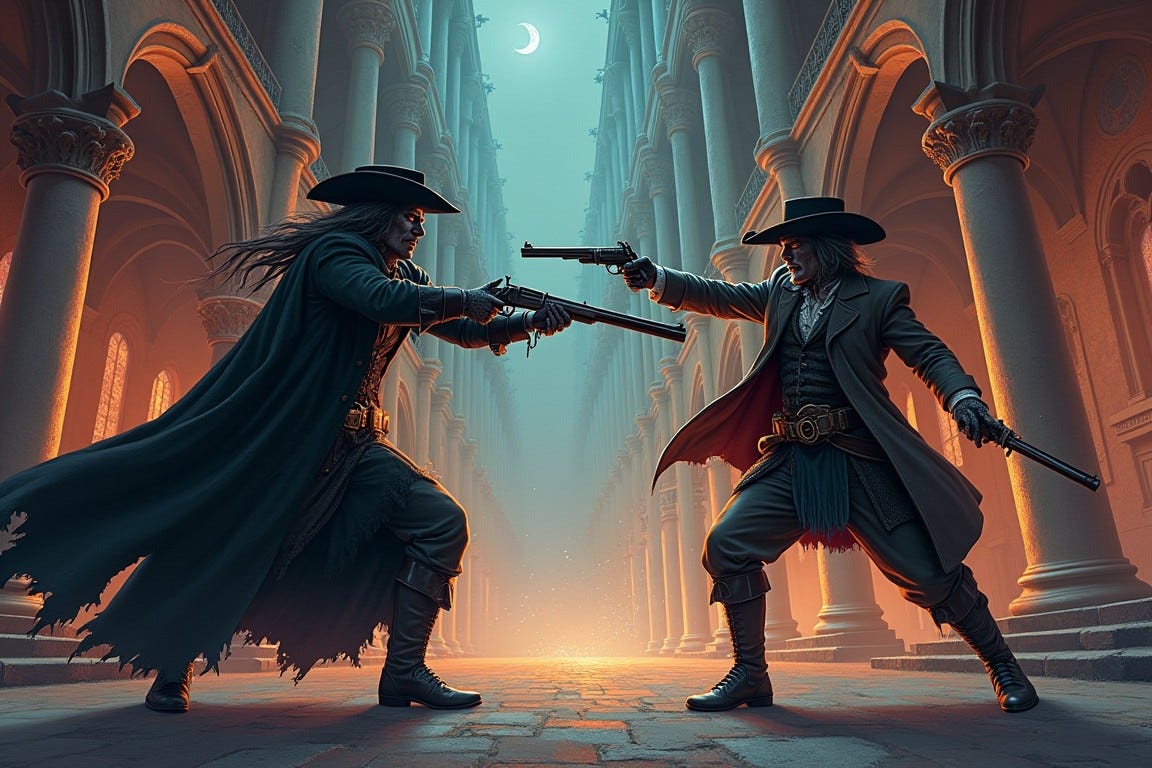 Draw in an anime style: a swashbuckling musketeer dueling an undead necromancer in a New Orleans cathedral. Draw in an anime style: a swashbuckling musketeer dueling an undead necromancer in a New Orleans cathedral.