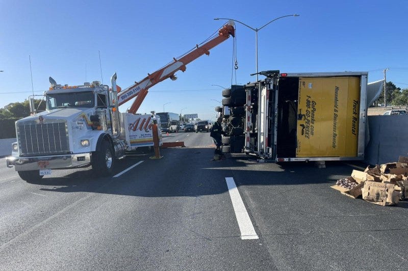 Drivers on Highway 101 in San Mateo, Calif., experienced hours of delays when a truck carrying 8 tons of avocados overturned and spilled its load into the roadway. Photo courtesy of the California Highway Patrol - Redwood City