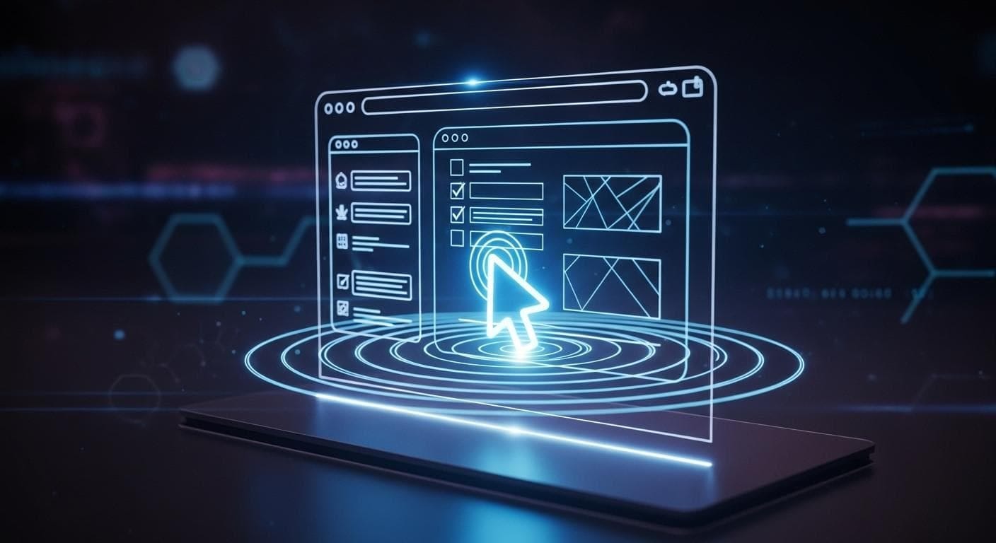 An abstract representation of an AI agent's cursor, glowing blue, interacting with a web application on a floating holographic screen, signifying automated testing. An abstract representation of an AI agent's cursor, glowing blue, interacting with a web application on a floating holographic screen, signifying automated testing.